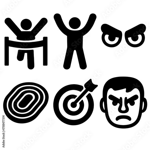 Brutalist Sports Icons. Competitive Spirit silhouette icon set: finish line, victory pose, focused eyes, running track, goal target, determination face.