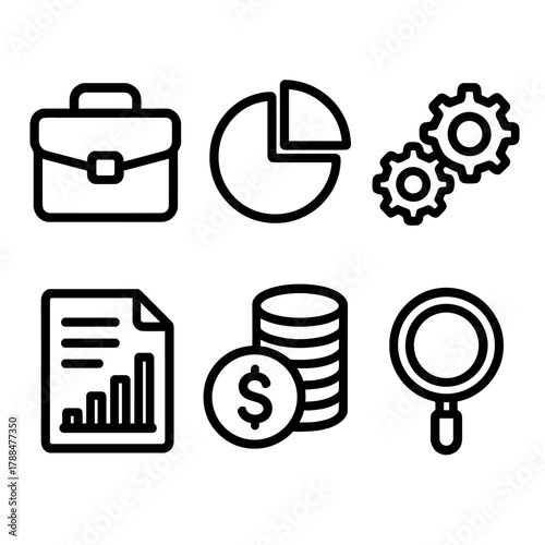 Wealth Management Icons. Wealth management linear icon set: briefcase, pie chart, gears, report paper, coin stack, magnifying glass.