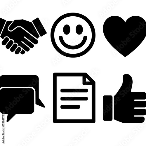 Bold Customer Icons. Customer courtesy silhouette icon set: handshake, smile icon, heart, chat bubbles, document, thumbs up.