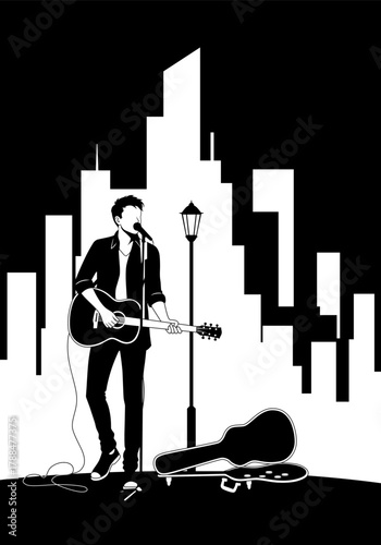 Minimalist Black and White Musician Performing with Guitar Against Cityscape Illustration