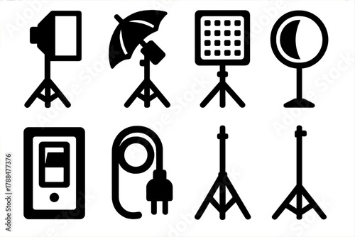 Brutalist Lighting Icons. Studio Lighting silhouette icon set: softbox, umbrella light, LED panel, tripod, reflector, switch, cable, stand.