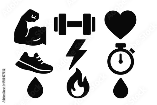 Bold Fitness Icons. Body Power Set silhouette icon set: flexed arm, dumbbell, energy bolt, heart, shoe, flame, stopwatch, sweat drop.