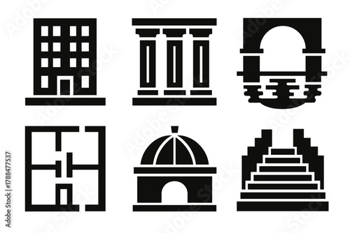 Brutalist Architectural Icons. Architectural Symmetry silhouette icon set: building facade, column alignment, archway reflection, floor plan layout, dome structure, stair symmetry.