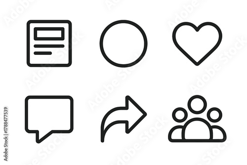 Social Media Icons. Social Presence linear icon set: post icon, story circle, reaction heart, comment bubble, share arrow, audience group.