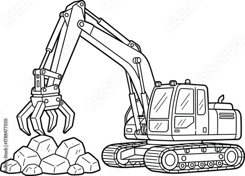 Excavator, claw, rocks, construction, machinery, black, white, line, drawing, heavy, equipment, mining, demolition, kids, coloring, page, sketch, site, tool, illustration