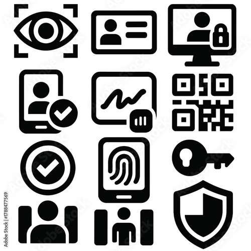 Brutalist Identity Icons. Identity Verification silhouette icon set: retina scan, ID card, secure login, QR code, smartphone check, digital signature, fingerprint pad, security key
