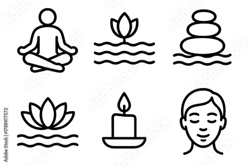 Meditative Serenity Icons. Inner Peace linear icon set: meditation pose, calm water, lotus flower, balanced stones, candle light, serene face.