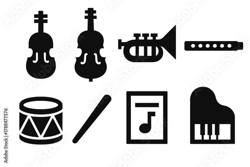 Brutalist Orchestra Icons. Symphony Orchestra silhouette icon set: violin, cello, trumpet, flute, drum, conductor baton, music sheet, piano.