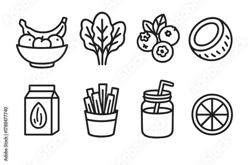 Raw Vegan Icons. Raw Vegan linear icon set: fruit bowl, leafy greens, berries, coconut, almond milk, carrot sticks, mason jar, lemon slice.