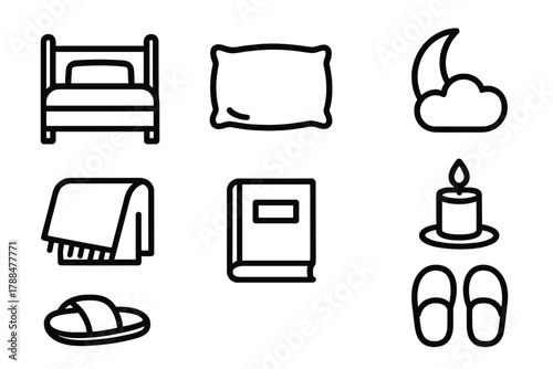 Bedtime Essentials Icons. Rest Essentials linear icon set: bed, pillow, blanket, moon, cloud, candle, book, slippers.