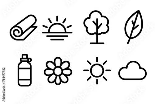 Yoga Icon Serenity. Outdoor Yoga Set linear icon set: mat, sunrise, tree, leaf, water bottle, flower, sun, cloud.