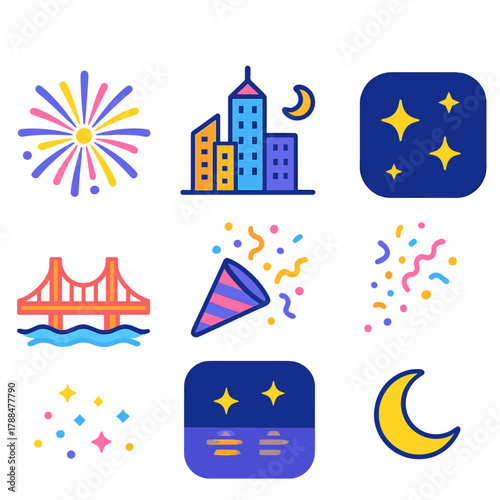 Festive City Skyline. Celebration Skyline Icons flat icons: fireworks burst, tall buildings, bridge outline, night sky, glowing stars, reflection glow, confetti trail, moon