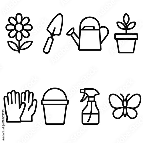 Gardening Icon Set. Floral Gardening Collection linear icon set: flower, spade, watering can, plant pot, gloves, bucket, spray bottle, butterfly.