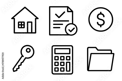 Mortgage Icon Set. Home mortgage linear icon set: house, contract paper, dollar coin, key, calculator, document folder.