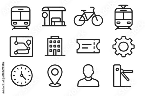 Urban Transit Icons. Urban Transit linear icon set: metro train, bus stop, bicycle, tram, route map, city building, ticket, gear, clock, GPS pin, passenger, turnstile.