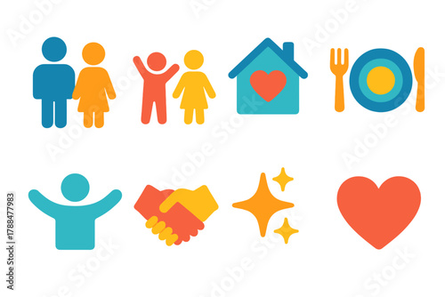 Family Life Icons. Family Life Symbols flat icons: parents, children, home heart, table meal, open arms, handshake, star sparkle, heart