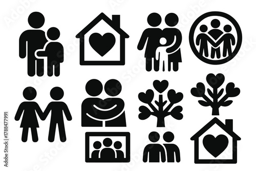 Family Iconography Set. Family Connection silhouette icon set: parent and child, home with heart, family circle, holding hands, warm hug, love tree, family photo, heart house.