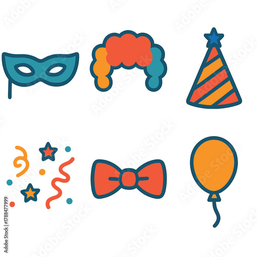 Party Disguise Icons. Party Disguise flat icons: Mask, Wig, Hat, Bow Tie, Confetti, Balloon.