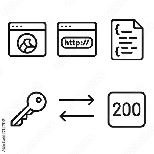 API Development Icons. API Development linear icon set: REST icon, endpoint URL, JSON data, authentication key, request arrows, response code.