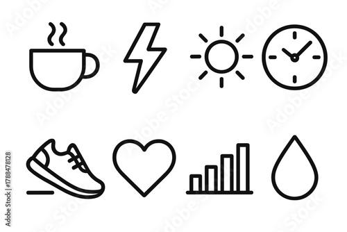 Daily Energy Icons. Daily Energy Set linear icon set: coffee cup, lightning bolt, sun, clock, shoe, heart, bar chart, droplet.