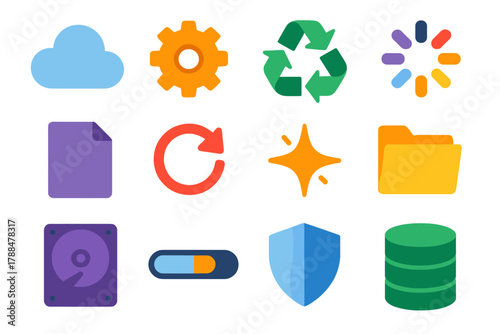 Modern Tech Icon Set. Digital Restoration flat icons: cloud, gear, recycle icon, loading circle, file, backup arrow, spark, folder, hard drive, progress bar, shield, database.