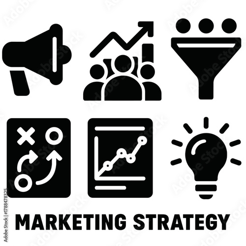 Bold Marketing Icons. Marketing Strategy silhouette icon set: megaphone, audience chart, funnel diagram, campaign plan, analytics graph, lightbulb idea.