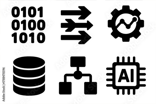 Data Processing Icons. Data Processing silhouette icon set: binary data stream, data flow arrows, analytics gear, database cylinder, algorithm node, AI processor.