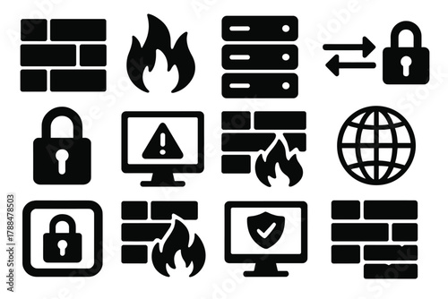Cybersecurity Icon Set. Cyber Firewall silhouette icon set: digital wall, flame icon, server stack, secure data flow, padlock, alert monitor, intrusion block, network globe, secure