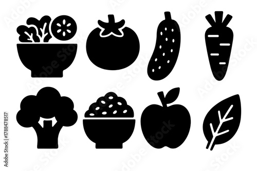 Brutalist Vegetarian Icons. Vegetarian Concept silhouette icon set: salad bowl, tomato, cucumber, carrot, broccoli, grains bowl, apple, leaf.
