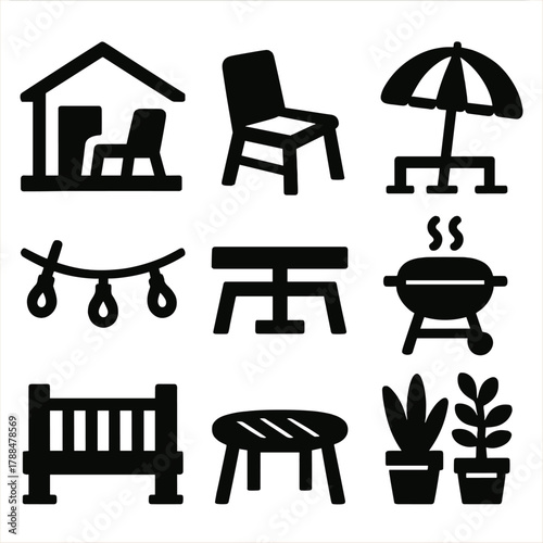 Brutalist Outdoor Icon Set. Outdoor Living silhouette icon set: patio, chair, umbrella, grill, table, string lights, deck, potted plants.