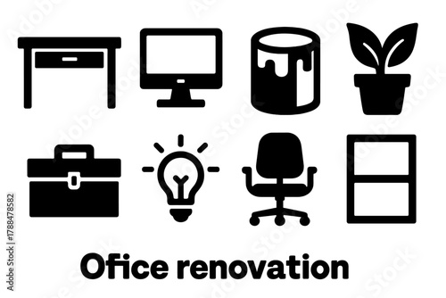 Brutalist Office Icons. Office Renovation silhouette icon set: desk, computer, paint can, plant, toolbox, light bulb, chair, wall panel.