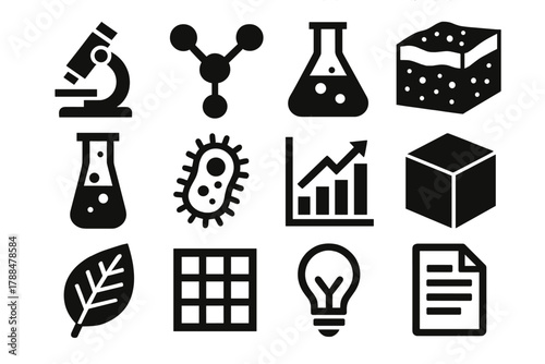 Soil Science Icons. Scientific Soil Health silhouette icon set: microscope, molecular model, lab flask, soil sample, test tube, bacteria cell, graph chart, 3D cube, leaf, data grid