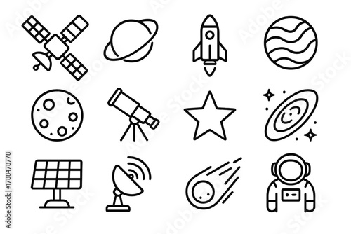 Space Satellite Icons. Space Satellites linear icon set: satellite, orbit, rocket, planet, moon, telescope, star, galaxy, solar panel, antenna, comet, astronaut.