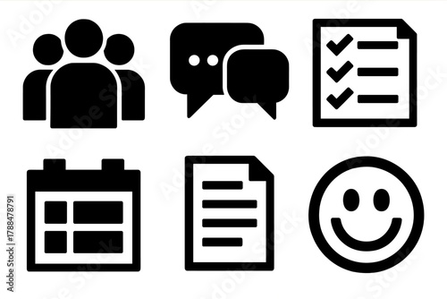 Team Communication Icons. Team listening silhouette icon set: group of people, chat bubbles, checklist, calendar, document, smile icon.