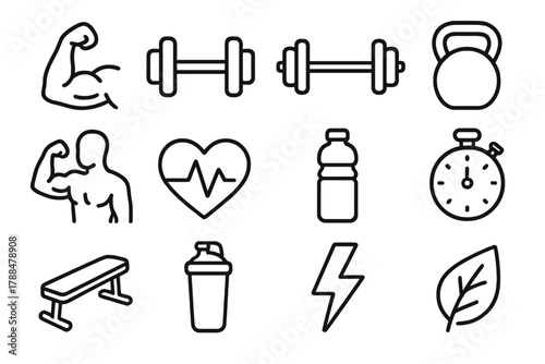 Fitness Icons Collection. Strength linear icon set: muscle arm, dumbbell, barbell, kettlebell, flexing person, heart pulse, water bottle, stopwatch, gym bench, protein shaker,