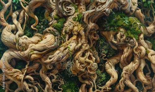 Tangled tree roots and moss growth in a dense forest abstract nature view