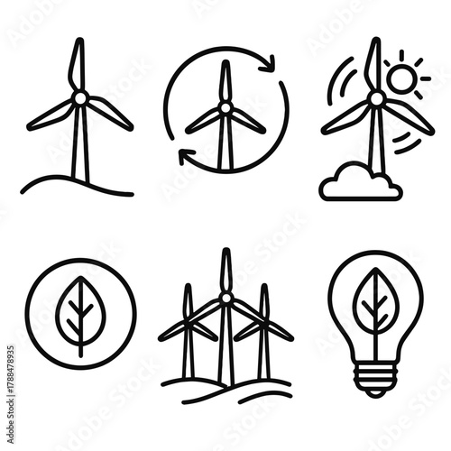 Wind Energy Icons. Energy Wind linear icon set: turbine, renewable symbol, spinning blades, eco field, sun and cloud, green power.