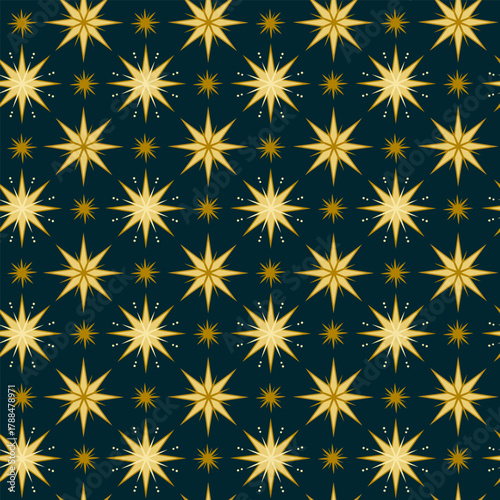  Gold stars seamless pattern. Christmas starry vector background. Night sky geometric magic wrapping paper decoration