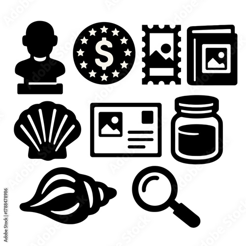 Hobby Icon Collection. Hobby Collection Set silhouette icon set: figurine, vintage coin, stamp, photo album, shell, postcard, jar, magnifier.