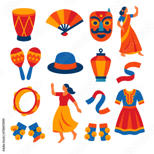 Vibrant Cultural Icons. Cultural Dance flat icons: drum, fan, mask, sari dancer, maracas, traditional hat, lantern, ribbon, tambourine, barefoot dancer, bells, costume.