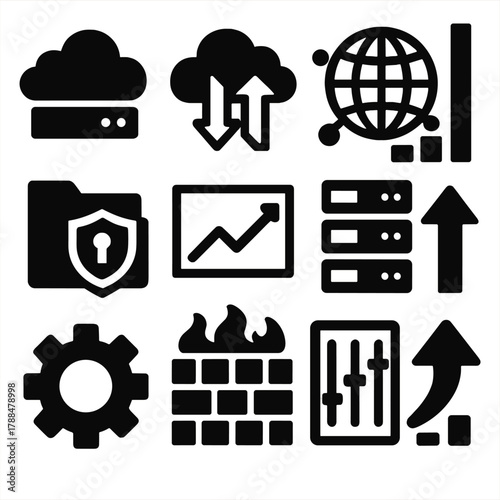 Cloud Scalability Icons. Cloud Scalability silhouette icon set: cloud server, data arrows, network globe, scalability bar, secure folder, performance chart, server rack, upload