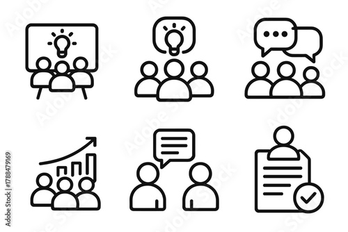 Creative Collaboration Icons. Team Feedback linear icon set: collaboration board, idea bubble, group chat, progress chart, discussion note, approval checkmark.
