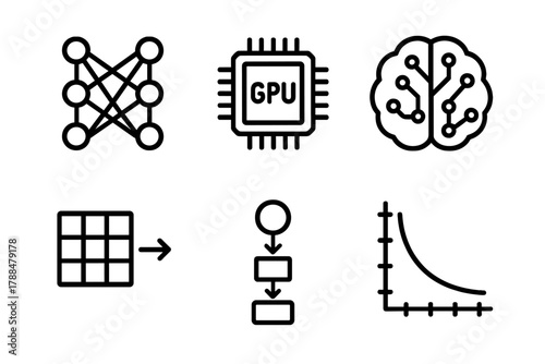 Neural Network Icons. Deep Learning linear icon set: layered neural net, GPU processor, brain nodes, convolution filter, AI pipeline, gradient chart.