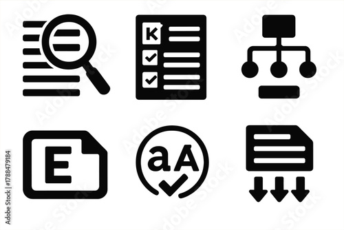 Text Analysis Icons. Text Analysis silhouette icon set: magnifying glass on text, keyword list, syntax tree, entity tag icon, grammar correction symbol, data extraction.