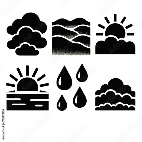 Brutalist Cloud Icons. Morning Clouds silhouette icon set: gentle sky, misty hills, rising sun, dew drops, soft light, fluffy horizon.