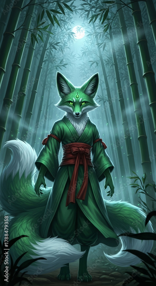 Naklejka premium Green fox wearing robe stands in bamboo forest under moonlight, representing fantasy, magic, and spirit, ideal for stories or mystical theme