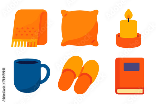 Cozy Relaxation Icons. Soft Relaxation flat icons: Blanket, Cushion, Candle, Mug, Slippers, Book.