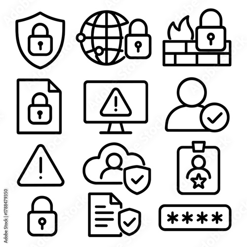 Cybersecurity Icon Set. Cyber Information Security linear icon set: data shield, secure network, firewall icon, lock symbol, encrypted file, warning monitor, user verification,