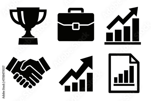 Brutalist Achievement Icons. Business achievement silhouette icon set: trophy, briefcase, bar chart, handshake, upward arrow, document chart.