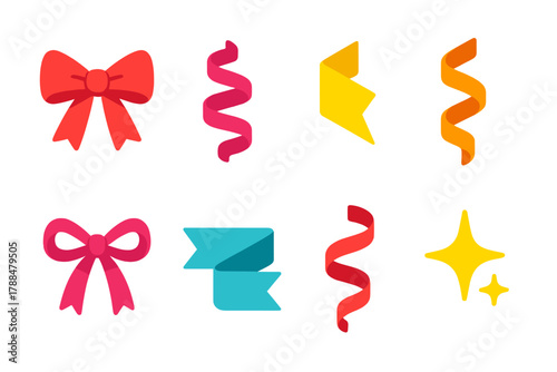 Vibrant Ribbon Icons. Decorative Ribbons Icons modern flat icons set: satin bow, curled streamer, folded ribbon edge, twisting strand, tied loop, paper ribbon, festive curl, star
